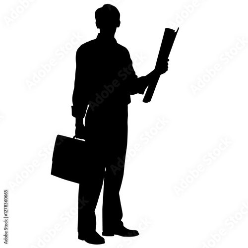Silhouette of an urban planner holding a briefcase and rolled-up blueprints, symbolizing city design, architecture, and planning, ideal for urban development and professional services.

