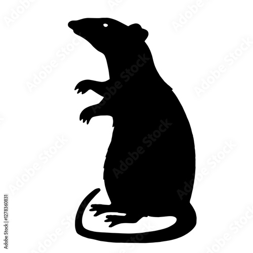 Silhouette of a rat standing on hind legs with a long tail and raised paws, representing curiosity and adaptability in a minimalist style