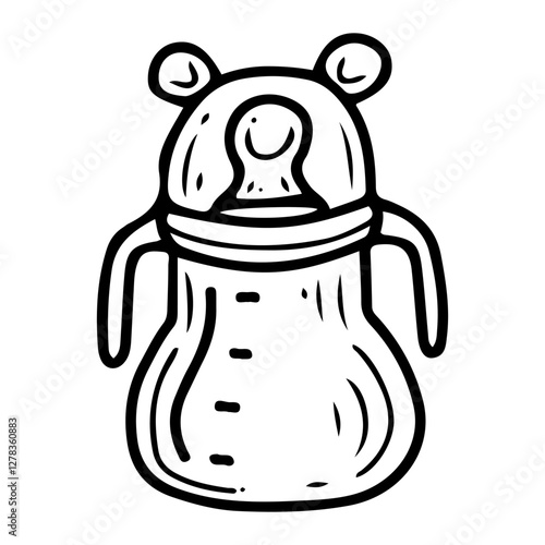 Baby feeding bottle with nipple. Hand drawn doodle. Container for newborn formula. Dishes with lid and handles. For a small child. Childhood. Vector line art illustration.