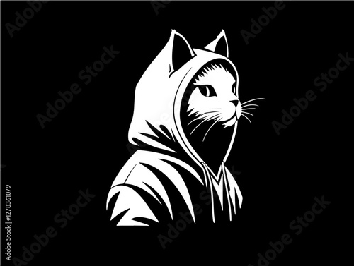 White silhouette of a cat in a hood on a black background, facing left, symbolizing mystery and modern urban style.