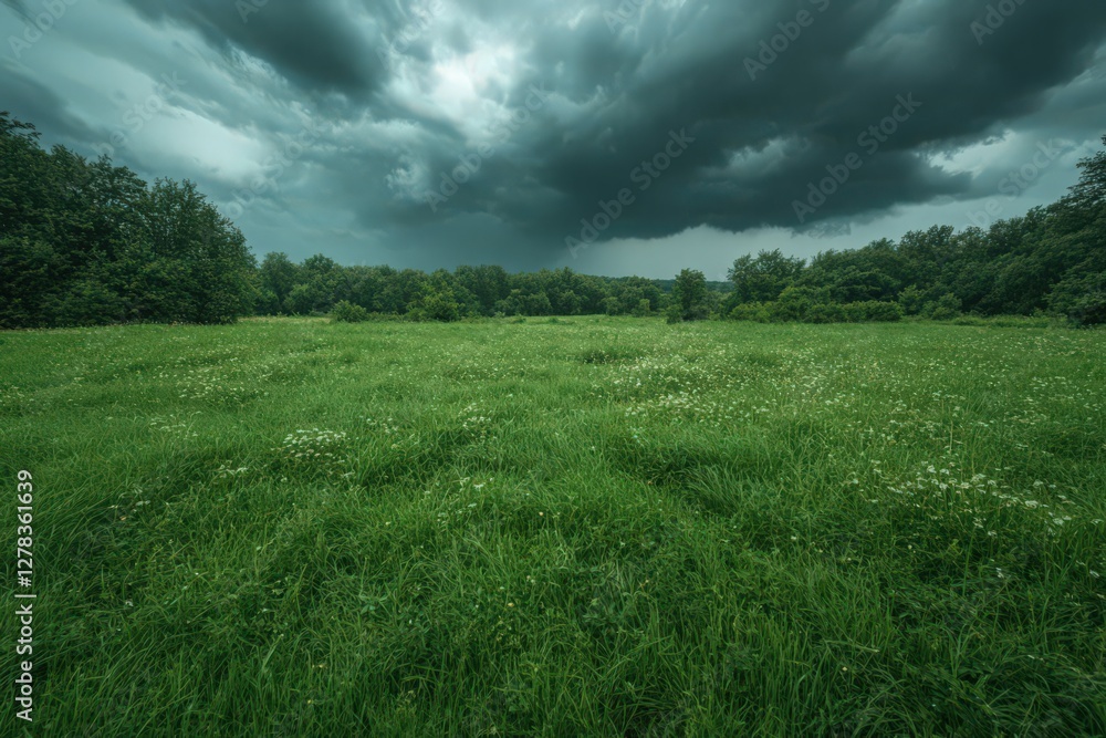 Lush Green Field Under a Dramatic Dark Sky