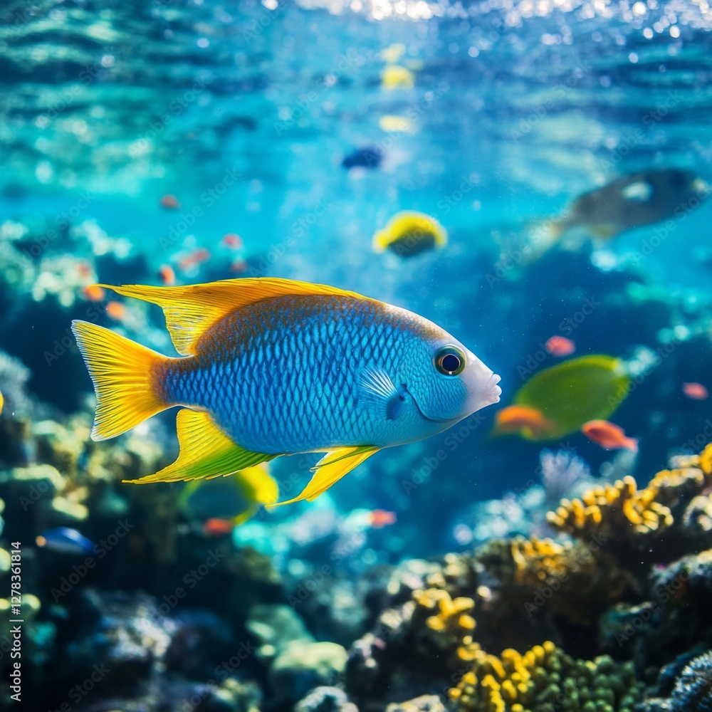 A vibrant underwater scene featuring a colorful blue and yellow fish swimming gracefully. The coral reef is alive with rich marine life and clear, sparkling water. A vibrant underwater scene featuring a colorful blue and yellow fish swimming gracefully. The coral reef is alive with rich marine life and clear, sparkling water.