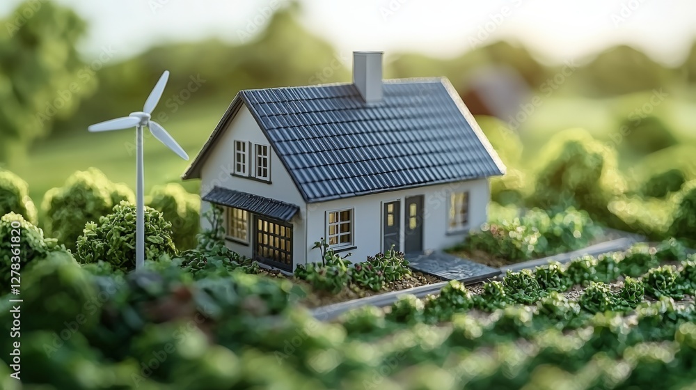 Sustainable Model Home with Wind Turbine in Lush Green Landscape Sustainable Model Home with Wind Turbine in Lush Green Landscape