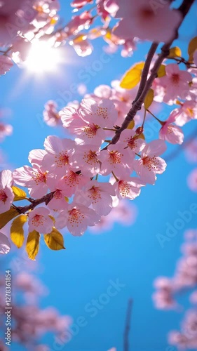 Pink cherry blossom sakura in spring with breeze close up., empty copy space, 4k