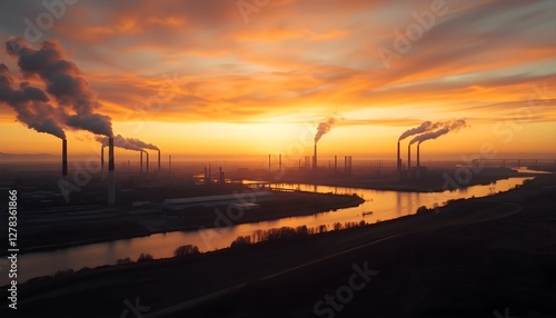 Power plant with smoking chimneys on a background of blue sky.Factories release CO2 into the atmosphere.Concept of carbon trading market.Atmospheric pollution,air pollution concept photo