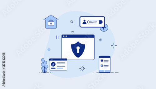 Online security tips with icons and elements for digital safety