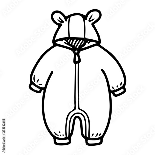 Outdoor jumpsuit with a hood for a baby. Hand drawn doodle. Newborn clothes. Zipper. Bear ears. Fabric item. Little child's wardrobe. Childhood. Vector line art illustration.