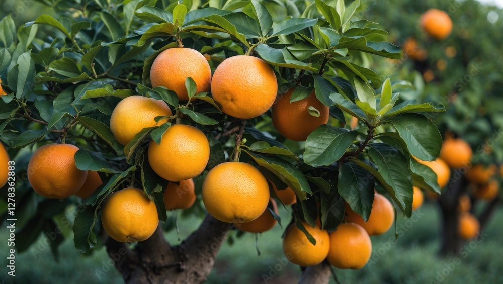 Citrus Tree With Ripe Oranges Surrounded By Lush Green Leaves Natural Landscape With Copy Space For Text Citrus Tree With Ripe Oranges Surrounded By Lush Green Leaves Natural Landscape With Copy Space For Text