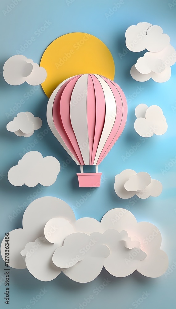 Naklejka premium Paper hot air balloon among clouds and sun illustration