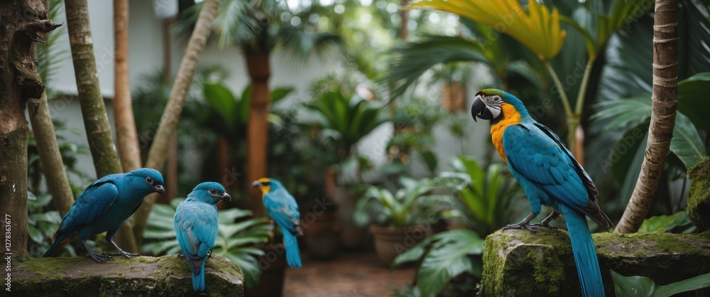 Obraz premium Vibrant Tropical Garden Featuring Colorful Parrots Surrounded by Lush Greenery and Tropical Plants in a Serene Setting
