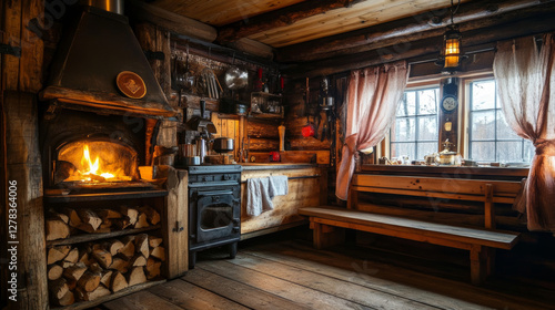 Wallpaper Mural Old Russian kitchen interior with furniture. Vector cartoon illustration of wooden bench, curtains on window, hot food boiling in oven, pile of firewood and clean rag on floor, cozy village house Torontodigital.ca