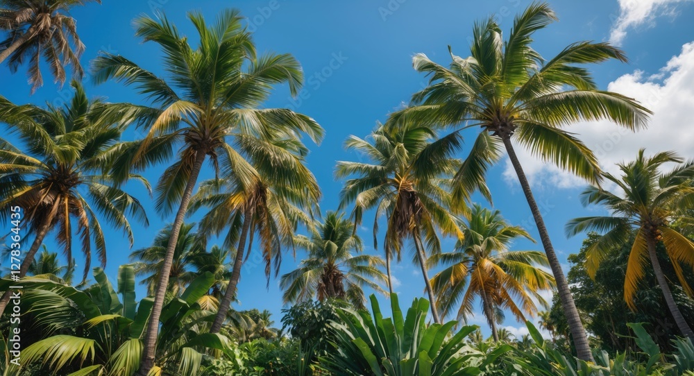 Tropical Palm Trees Against Clear Blue Sky in Lush Green Landscape Tropical Palm Trees Against Clear Blue Sky in Lush Green Landscape