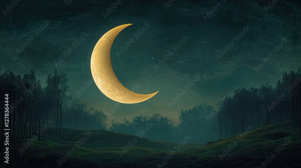 Fototapeta premium Crescent moon illuminates forest landscape at night nature serene environment