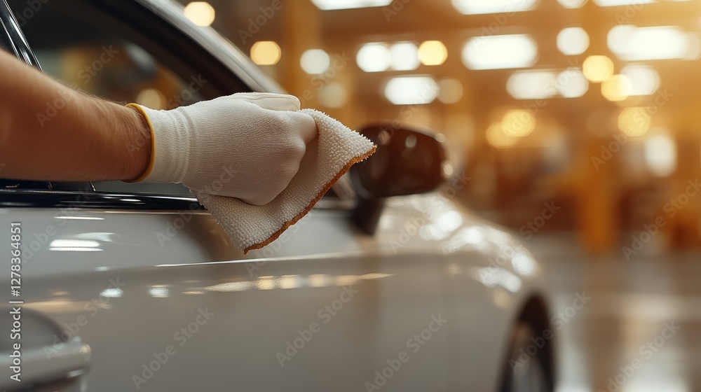 Professional car detailer polishing a vehicle door with a microfiber cloth in a bright auto service center, highlighting dedication to automotive care and perfection