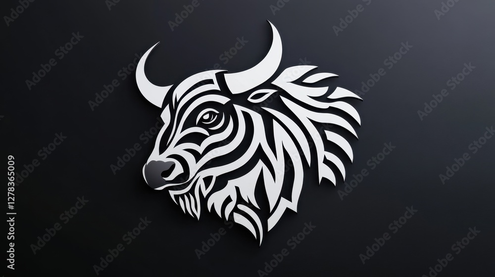 Fototapeta premium Buffalo head silhouette, black and white tribal style animal illustration, vector graphic buffalo.