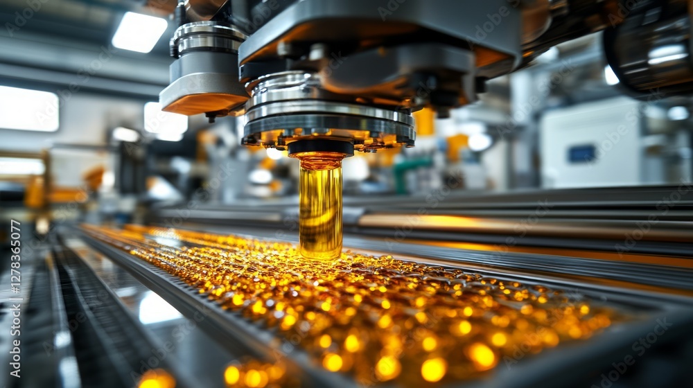 Robotic pharmaceutical machinery moving softgel capsules along automated conveyor, filling precision medication containers with automated mechanical efficiency