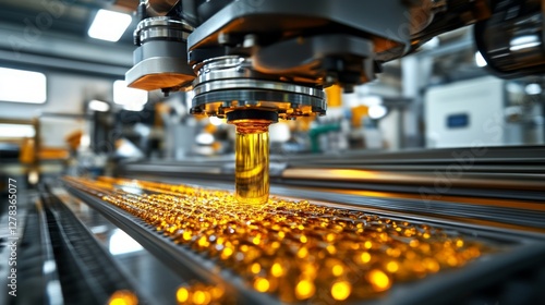 Obraz na płótnie Robotic pharmaceutical machinery moving softgel capsules along automated conveyor, filling precision medication containers with automated mechanical efficiency w salonie