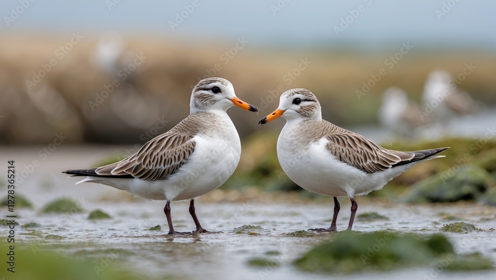 Fototapeta premium Coastal Turnstones Displaying Their Natural Behavior in a Serene Environment with Copy Space for Text or Graphics