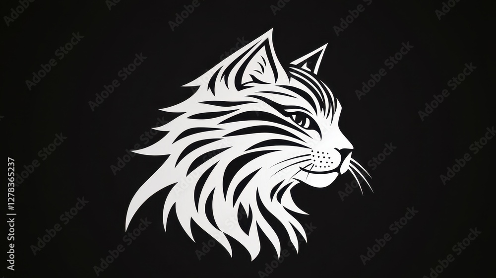 Obraz premium Cat head silhouette, black and white tribal style animal illustration, vector graphic cat.