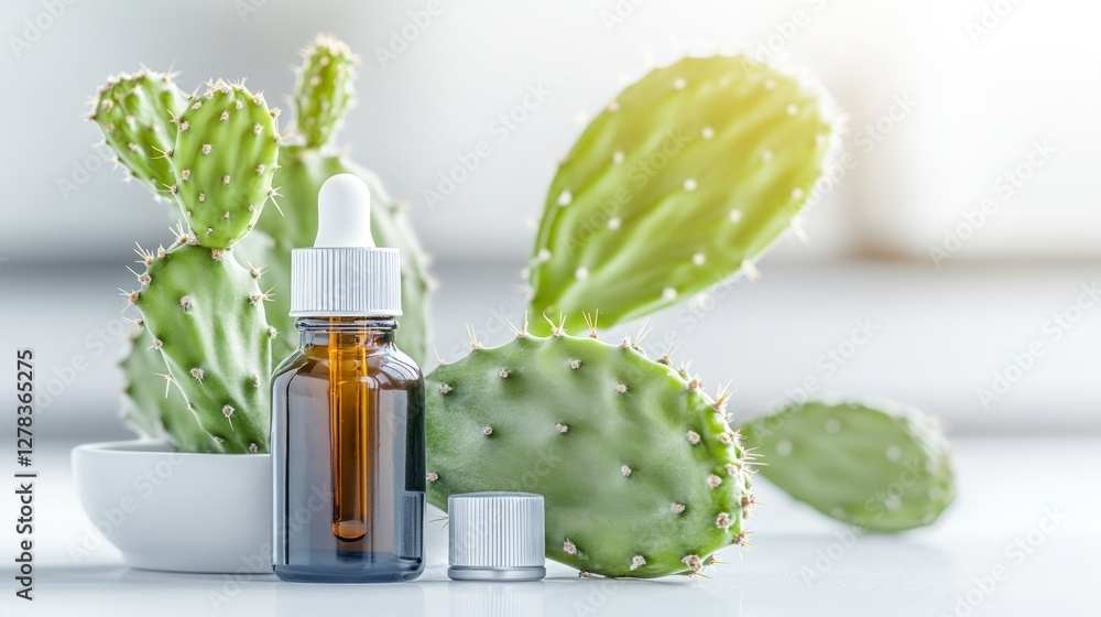 Dropper bottle filled with prickly pear extract resting on a white surface, emphasizing the natural ingredient's benefits for skincare and holistic wellness