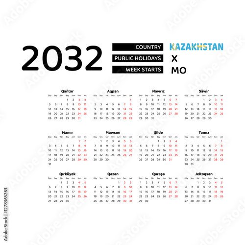 Calendar 2032 Kazakh language with Kazakhstan public holidays. Week starts from Monday. Graphic design vector illustration.