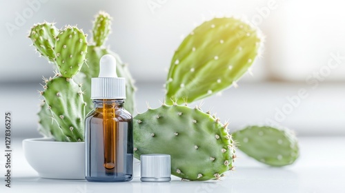 Obraz na płótnie Dropper bottle filled with prickly pear extract resting on a white surface, emphasizing the natural ingredient's benefits for skincare and holistic wellness w salonie