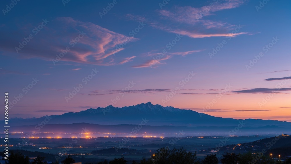 Twilight Sky Over Mountains with Village Lights and Horizon at Dusk Offering Space for Text and Capturing Nature's Serenity Twilight Sky Over Mountains with Village Lights and Horizon at Dusk Offering Space for Text and Capturing Nature's Serenity