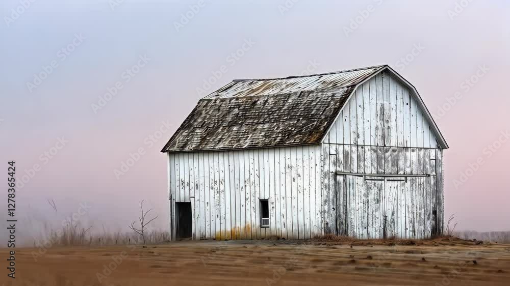 Rustic Barn Surrounded by Misty Landscape at Dawn Hours Scale Rustic Barn Surrounded by Misty Landscape at Dawn Hours Scale