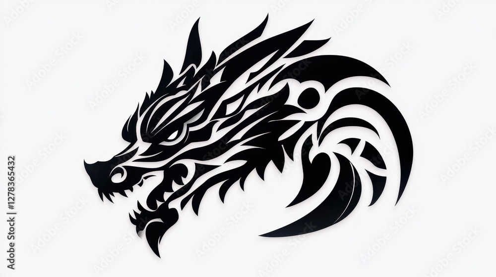 Obraz premium Dragon head silhouette, black and white tribal style animal illustration, vector graphic dragon.