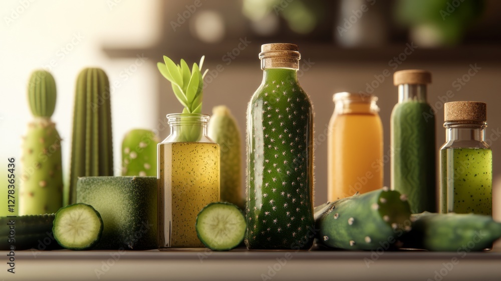 Natural skincare professional blending cactus and cucumber extracts, creating organic beauty products with plant based ingredients highlighting holistic wellness