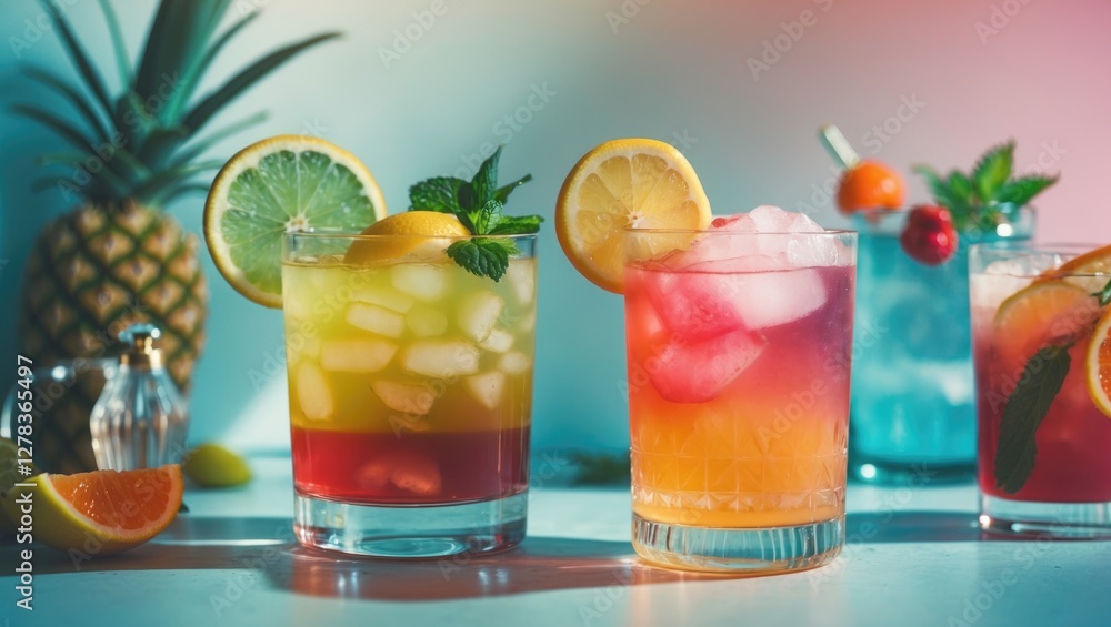 Vibrant summer cocktails with fresh ingredients and colorful garnishes on a bright table ideal for promoting refreshing drink recipes. Vibrant summer cocktails with fresh ingredients and colorful garnishes on a bright table ideal for promoting refreshing drink recipes.