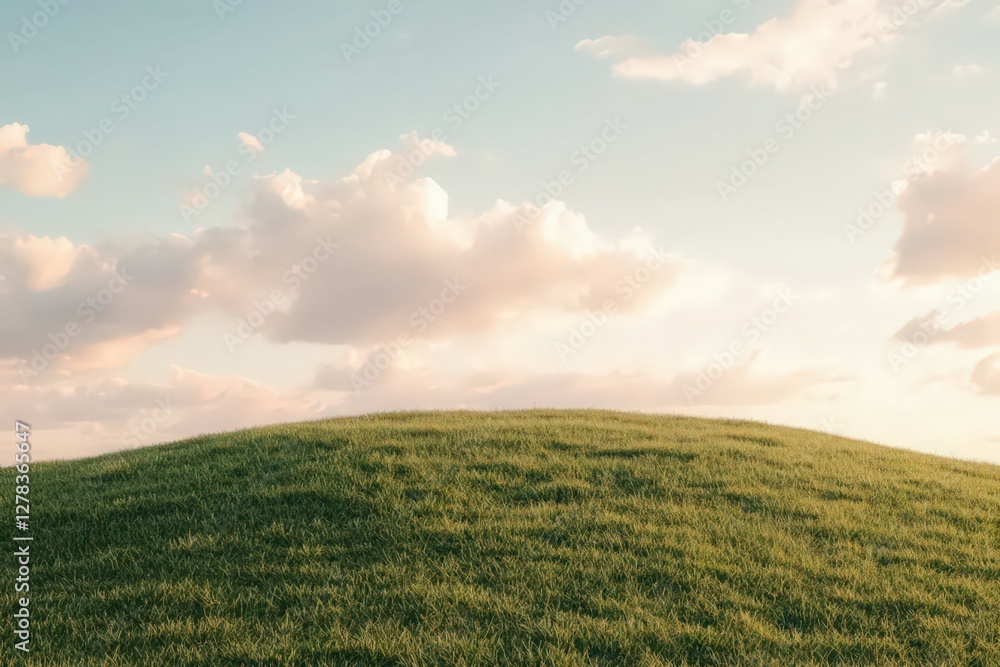 Obraz premium Lush Green Hill Under Pastel Sky at Sunset Bathed in Golden Light Natural Scene
