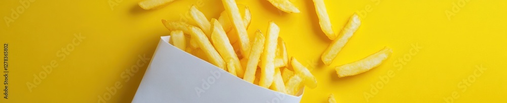Fun casual top down view of french fries in white packet on yellow background Fun casual top down view of french fries in white packet on yellow background