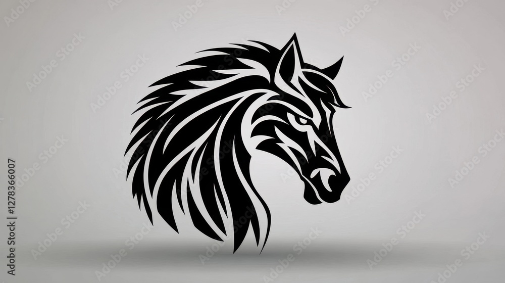 Obraz premium Horse head silhouette, black and white tribal style animal illustration, vector graphic horse.