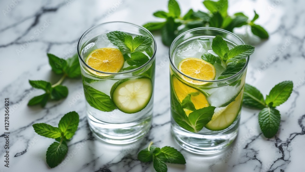 Refreshing Summer Detox Drinks in Glasses with Mint and Citrus on Marble Table. Healthy Hydration Concept with Natural Ingredients. Refreshing Summer Detox Drinks in Glasses with Mint and Citrus on Marble Table. Healthy Hydration Concept with Natural Ingredients.