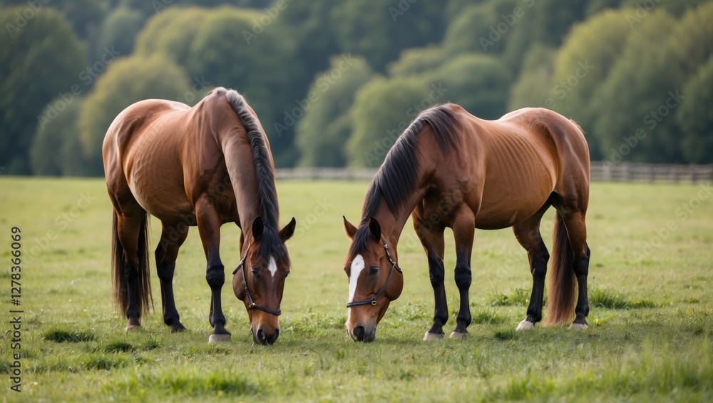 Horses Feeding Together in Lush Green Meadow Surrounded by Trees Under Bright Daylight Horses Feeding Together in Lush Green Meadow Surrounded by Trees Under Bright Daylight
