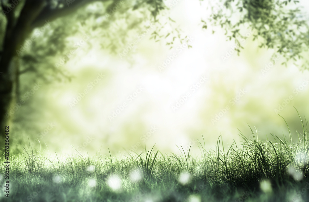 Obraz premium Blurred Green Grass Background with Sun Rays – Natural Eco-Friendly Backdrop for Environmental, Ecology, and Earth Day Concepts