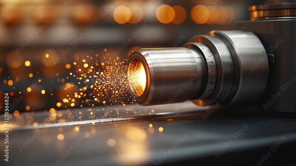 Precision industrial laser cutting metal sheet, creating bright sparks and reflective highlights during advanced manufacturing in busy workshop setting