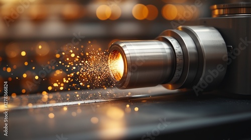 Obraz na płótnie Precision industrial laser cutting metal sheet, creating bright sparks and reflective highlights during advanced manufacturing in busy workshop setting w salonie