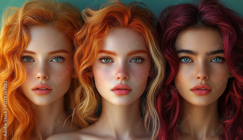 Flowing Golden Blonde Fiery Orange and Deep Burgundy Hair on Turquoise Background Flowing Golden Blonde Fiery Orange and Deep Burgundy Hair on Turquoise Background