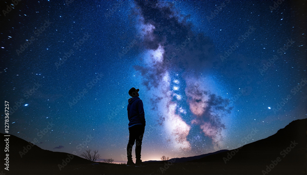 Fototapeta premium Person gazing at stars under a night sky for blogs, websites, travel articles, astronomy content, inspirational quotes, and educational purposes
