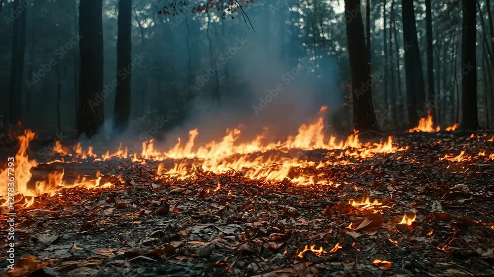 Forest fire spreads rapidly in wooded area during dry conditions Forest fire spreads rapidly in wooded area during dry conditions
