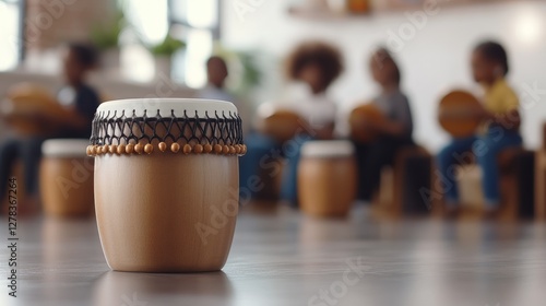 Wooden drum with decorative beads gleaming, children practicing percussion instruments during vibrant music lesson in softly lit classroom background