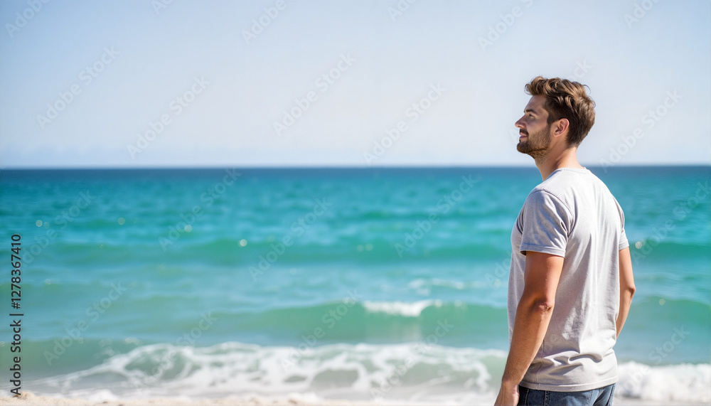Man enjoying a moment of tranquility by the ocean for blogs, wellness websites, travel promotions, personal reflection articles, and coastal lifestyle content Man enjoying a moment of tranquility by the ocean for blogs, wellness websites, travel promotions, personal reflection articles, and coastal lifestyle content