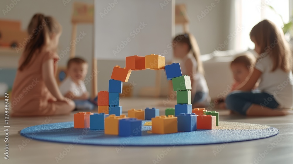 Vibrant building blocks arching on soft play mat, highlighting early childhood learning with playful children blurred in sunlit nursery space