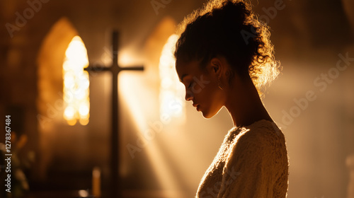 Spiritual Contemplation: A silhouette of a woman in quiet contemplation inside a church with sunlight streaming through the stained glass, evoking a sense of serenity and faith.