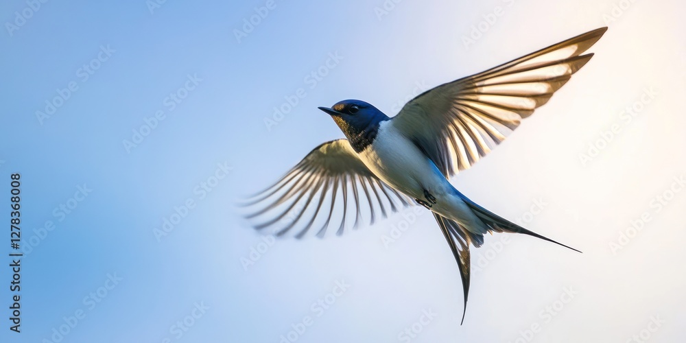 Naklejka premium Swallow in flight against a clear blue sky capturing freedom and grace