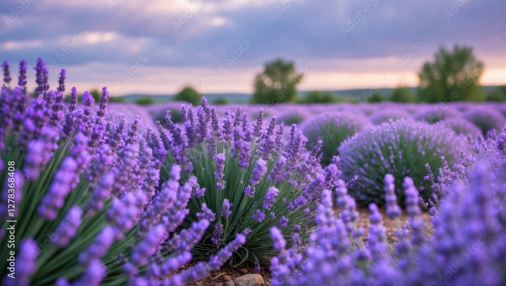 Obraz premium Lavender Field in Bloom with Lush Purple Flowers Under Cloudy Sky Ideal for Nature, Travel, and Floral Themes in Serene Landscape.