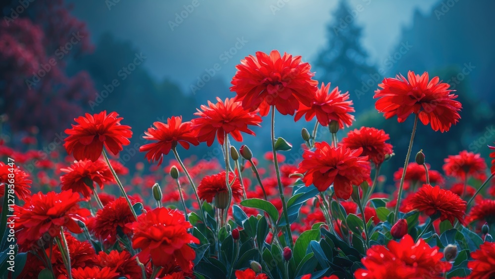 Vibrant Red Flowers in a Lush Landscape with Beautiful Bokeh Background and Ample Space for Text Overlay Vibrant Red Flowers in a Lush Landscape with Beautiful Bokeh Background and Ample Space for Text Overlay