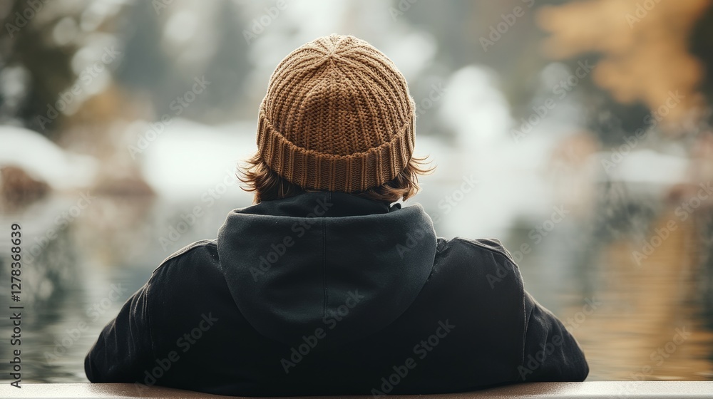 Man relaxing in natural hot spring, wool hat protecting from cold, enjoying steam covered snowy landscape during winter outdoor bathing experience